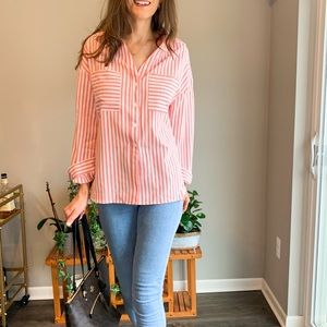 Casual Striped Button Down Shirts Long Sleeve V Neck Collared Loose
